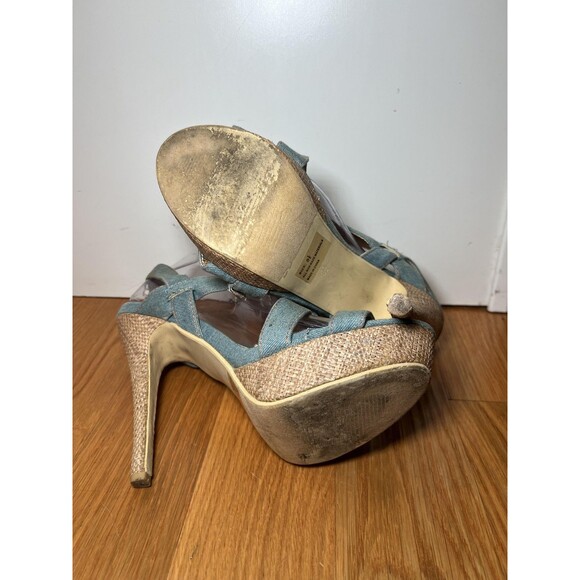 Heckik Shoes Womens Size 8.5 Blue Denim Cross Strap Platform High Heel Sandals - Picture 7 of 10